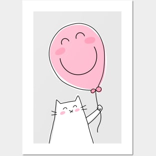 Cat Holding a Pink Smiley Face Balloon Posters and Art